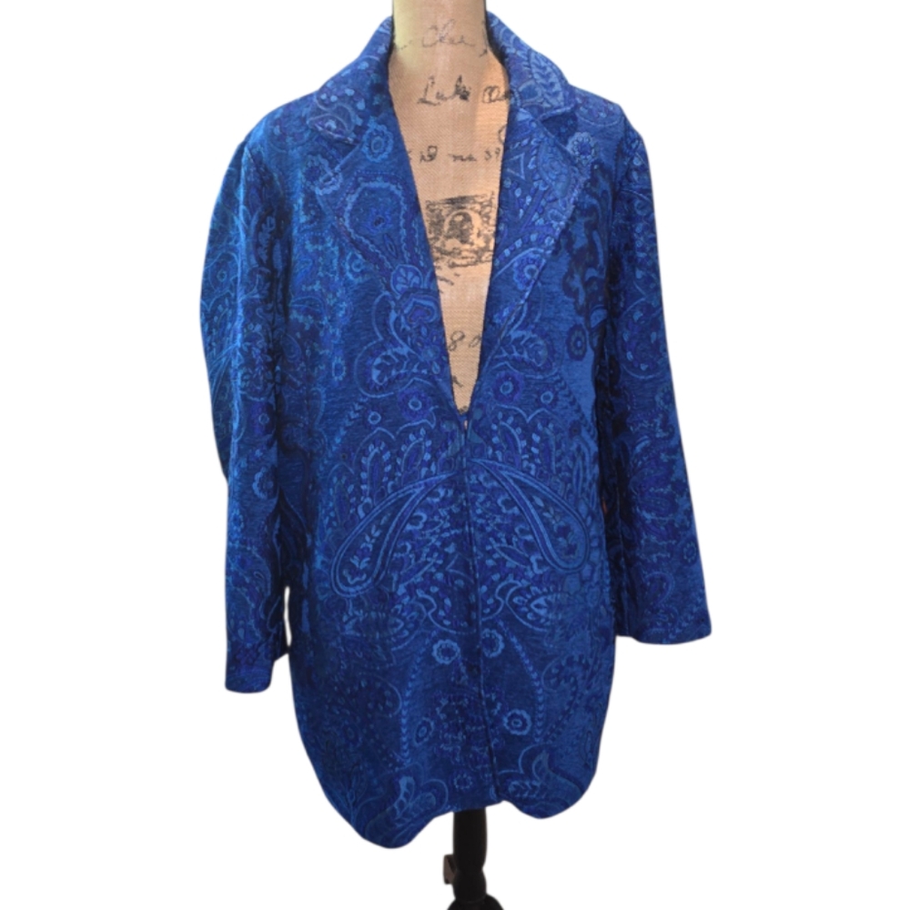 Chico's Royal Blue Brocade Blazer Jacquard Overcoat Oversized Fit Size 3 XL